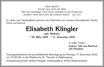 Traueranzeige von Elisabeth Klingler von Allgäuer Zeitung,Kempten