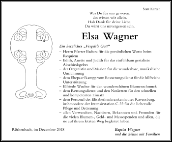 Traueranzeige von Elsa Wagner von Der Westallgäuer