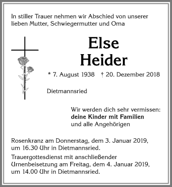 Traueranzeige von Else Heider von Allgäuer Zeitung,Kempten
