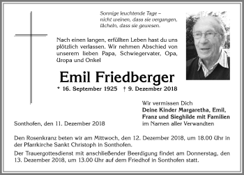 Traueranzeige von Emil Friedberger von Allgäuer Anzeigeblatt