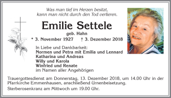 Traueranzeige von Emilie Settele von Allgäuer Zeitung, Kaufbeuren/Buchloe