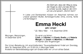 Traueranzeige von Emma Heckl von Memminger Zeitung