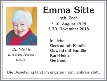 Traueranzeige von Emma Sitte von Allgäuer Zeitung, Kaufbeuren/Buchloe