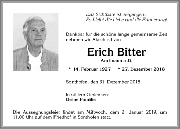 Traueranzeige von Erich Bitter von Allgäuer Anzeigeblatt
