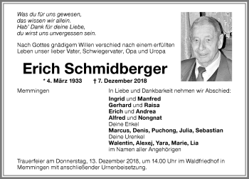 Traueranzeige von Erich Schmidberger von Memminger Zeitung