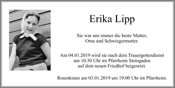 Traueranzeige von Erika Lipp von Allgäuer Zeitung, Füssen