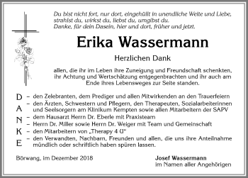Traueranzeige von Erika Wassermann von Allgäuer Zeitung,Kempten
