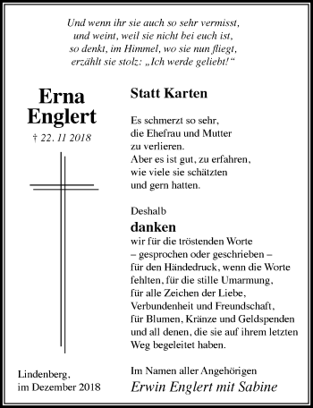 Traueranzeige von Erna Englert von Der Westallgäuer