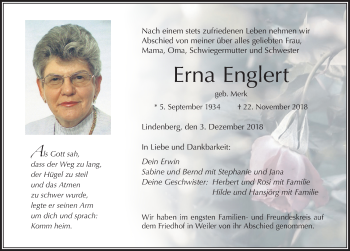 Traueranzeige von Erna Englert von Der Westallgäuer