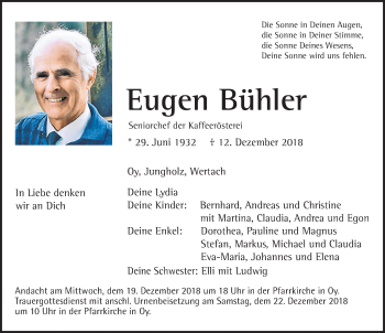 Traueranzeige von Eugen Bühler von Allgäuer Zeitung,Kempten