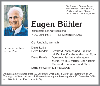 Traueranzeige von Eugen Bühler von Allgäuer Anzeigeblatt
