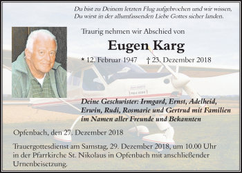 Traueranzeige von Eugen Karg von Der Westallgäuer