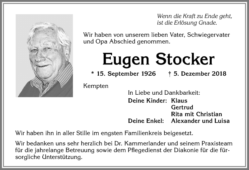  Traueranzeige für Eugen Stocker vom 14.12.2018 aus Allgäuer Zeitung,Kempten