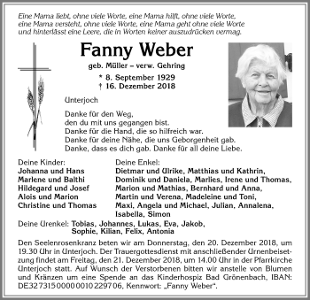 Traueranzeige von Fanny Weber von Allgäuer Anzeigeblatt