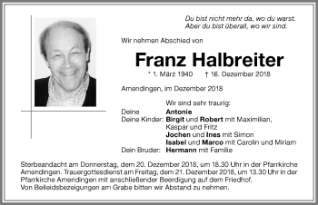 Traueranzeige von Franz Halbreiter von Memminger Zeitung