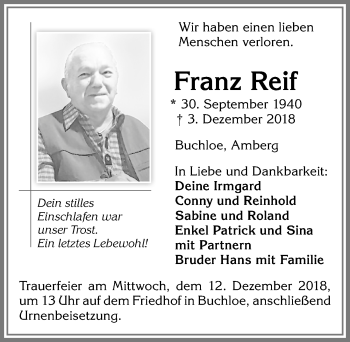 Traueranzeige von Franz Reif von Allgäuer Zeitung, Kaufbeuren/Buchloe