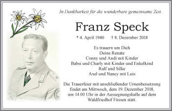 Traueranzeige von Franz Speck von Allgäuer Zeitung, Füssen