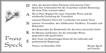 Traueranzeige von Franz Speck von Allgäuer Zeitung, Füssen