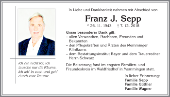 Traueranzeige von Franz J. Sepp von Memminger Zeitung