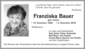Traueranzeige von Franziska Bauer von Allgäuer Zeitung, Kaufbeuren/Buchloe
