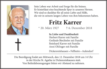 Traueranzeige von Fritz Karrer von Memminger Zeitung