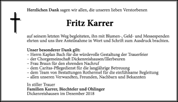 Traueranzeige von Fritz Karrer von Memminger Zeitung
