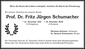 Traueranzeige von Fritz Jürgen Schumacher von Allgäuer Zeitung,Kempten