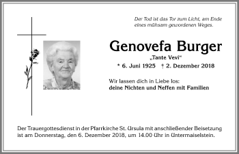 Traueranzeige von Genovefa Burger von Allgäuer Anzeigeblatt