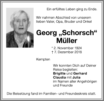 Traueranzeige von Georg Müller von Allgäuer Zeitung,Kempten