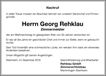 Traueranzeige von Georg Rehklau von Memminger Zeitung