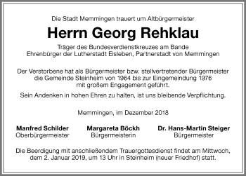 Traueranzeige von Georg Rehklau von Memminger Zeitung