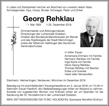 Traueranzeige von Georg Rehklau von Memminger Zeitung