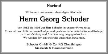 Traueranzeige von Georg Schoder von Allgäuer Zeitung, Marktoberdorf