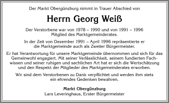 Traueranzeige von Georg Weiß von Allgäuer Zeitung, Marktoberdorf