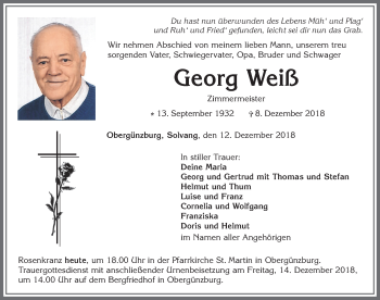 Traueranzeige von Georg Weiß von Allgäuer Zeitung, Marktoberdorf