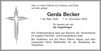 Traueranzeige von Gerda Becker von Allgäuer Zeitung, Kaufbeuren/Buchloe