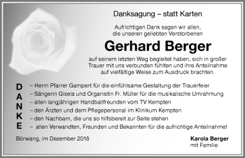 Traueranzeige von Gerhard Berger von Allgäuer Zeitung,Kempten