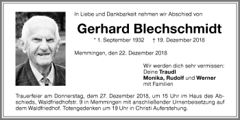 Traueranzeige von Gerhard Blechschmidt von Memminger Zeitung
