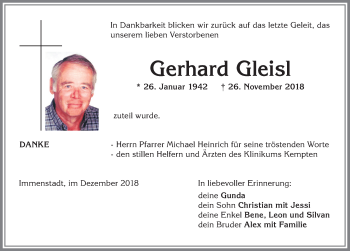 Traueranzeige von Gerhard Gleisl von Allgäuer Anzeigeblatt