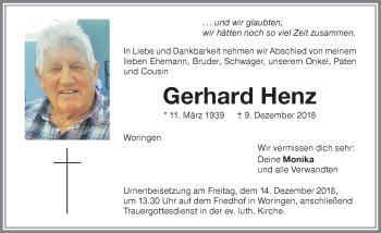 Traueranzeige von Gerhard Henz von Memminger Zeitung