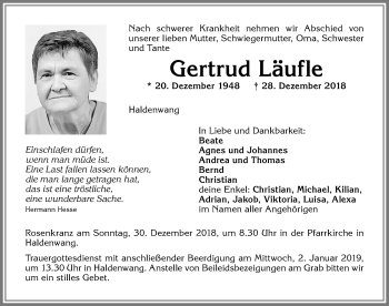 Traueranzeige von Gertrud Läufle von Allgäuer Zeitung,Kempten