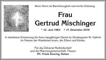 Traueranzeige von Gertrud Mischinger von Allgäuer Zeitung, Füssen