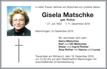 Traueranzeige von Gisela Matschke von Memminger Zeitung