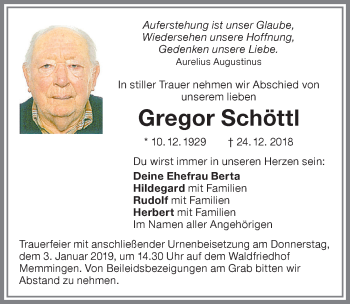 Traueranzeige von Gregor Schöttl von Memminger Zeitung