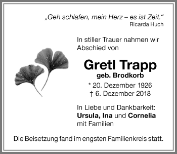 Traueranzeige von Gretl Trapp von Memminger Zeitung