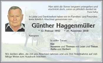 Traueranzeige von Günther Haggenmüller von Allgäuer Zeitung,Kempten
