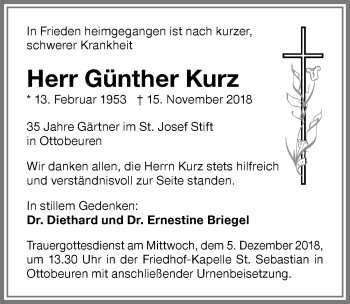Traueranzeige von Günther Kurz von Memminger Zeitung