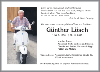 Traueranzeige von Günther Lösch von Allgäuer Anzeigeblatt