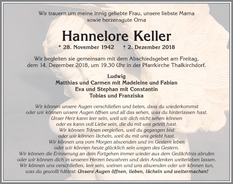  Traueranzeige für Hannelore Keller vom 11.12.2018 aus Allgäuer Zeitung