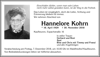 Traueranzeige von Hannelore Kohrn von Allgäuer Zeitung, Kaufbeuren/Buchloe